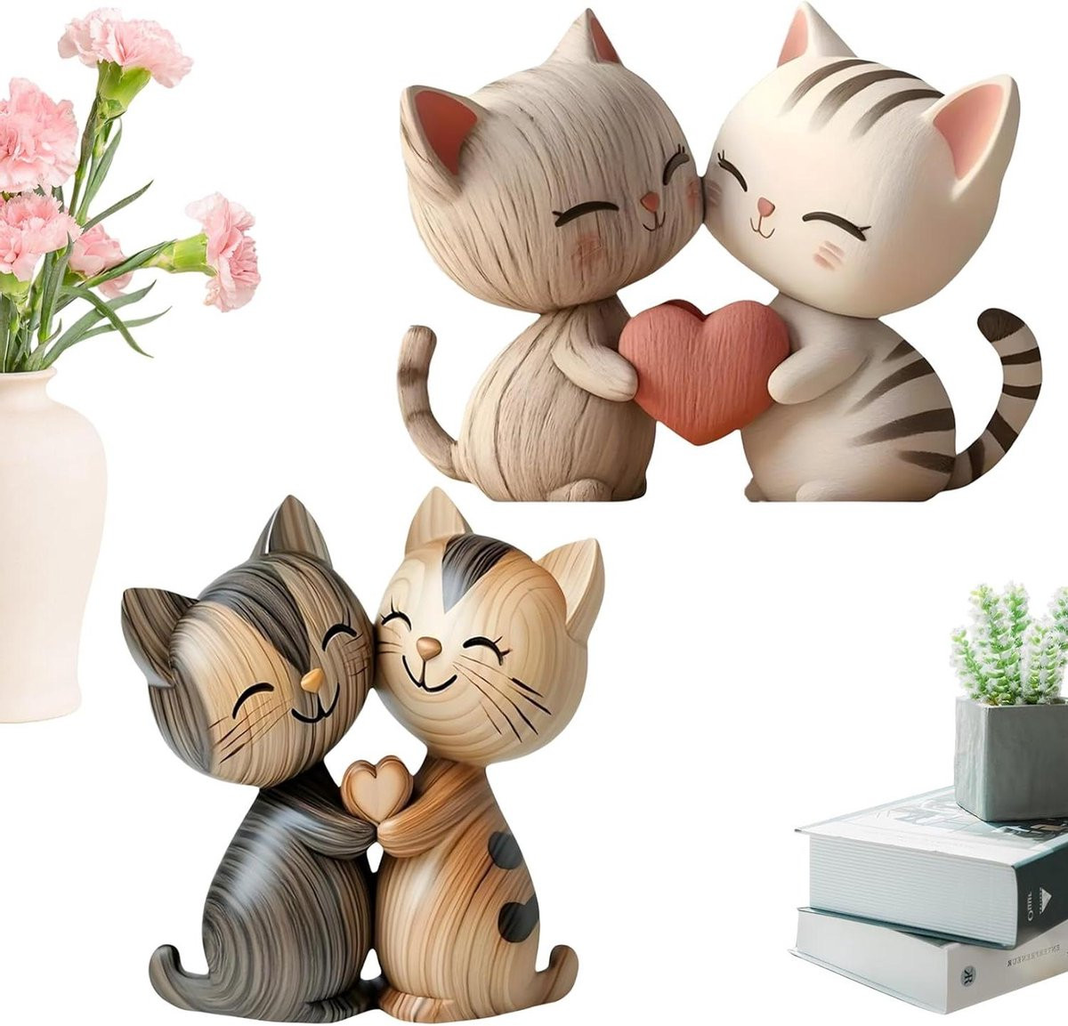 Katten Decoratie Set - Omarmende Katten Beeldjes - Houtkleur - 10 x 8 cm