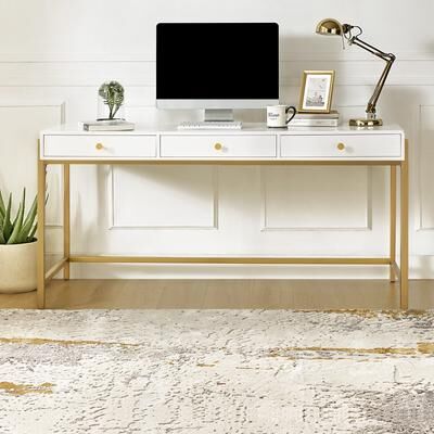 HULALA HOME Saliva Modern Multifunctional 64'' Wide Stroge 3-Drawers Writing Office Desk with Metal Legs
