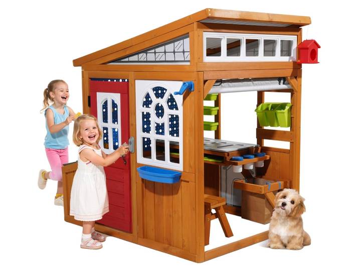 Maison de jeu VEVOR Maison de jeu pour enfants en bois de cèdre avec nid d'oiseau\, sonnette de porte\, poubelle\, set de parois gravitationnelles\, sac de rangement\, rebord de fenêtre\, maison pour enfants de 3 à 10 ans\, coins arrondis