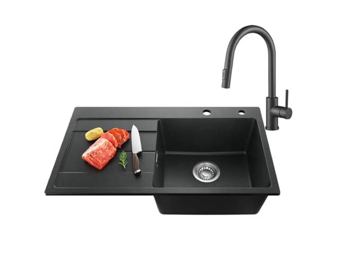 CECIPA Spülbecken Schwarz 78 x 45 cm mit Wasserhahn Ausziehbar, Spüle Küche aus Granit, Küchenspüle für 45 cm breite Unterschränke, Waschbecken Einbauspüle inkl. Siphon Ab- und Überlaufgarnitur
