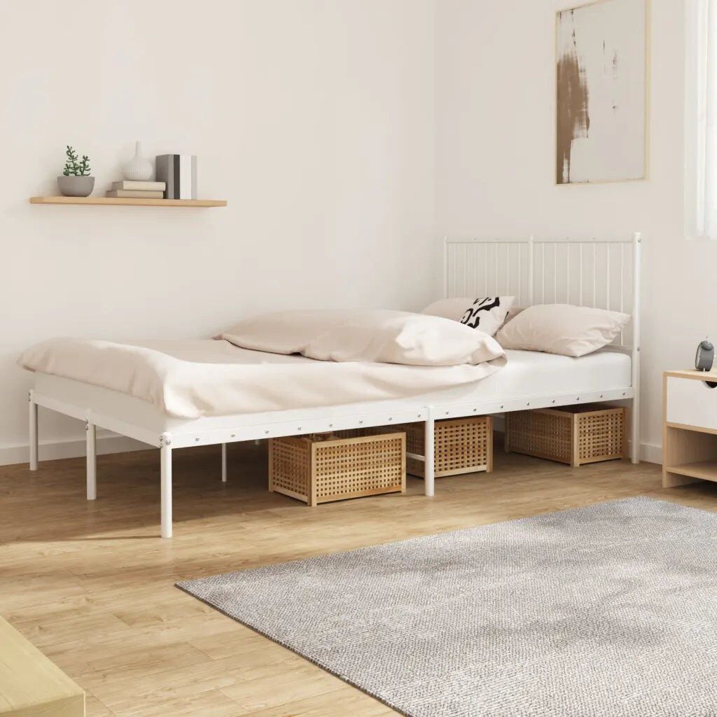 Ebern Designs Metal Bed Frame with Headboard White 150x200 cm White Small Double (4')