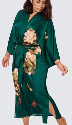 KIM + ONO Peony & Butterfly Plus Size Floral Kimono Robe - Long - emerald / plus size