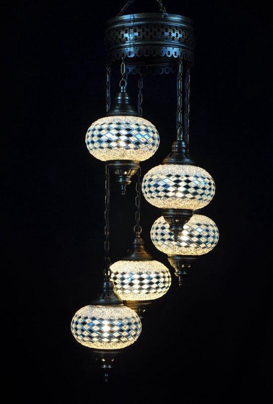 Halay Turkse mozaïek hanglamp met 5 bollen en zilver armatuur
