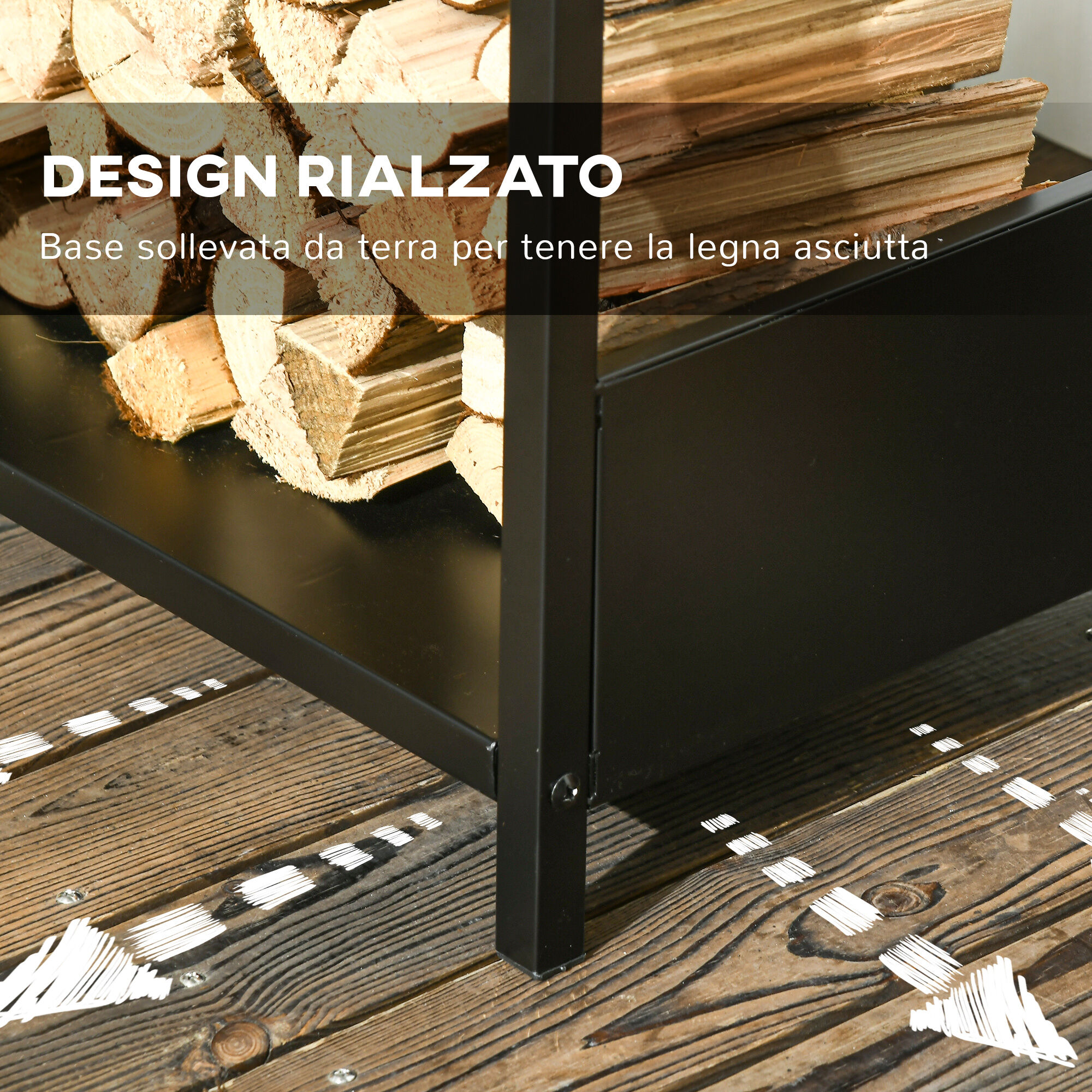Altro Scaffale Portalegna Da Esterno E Interno In Acciaio Con Base Rialzata, 39x35x76cm, Nero