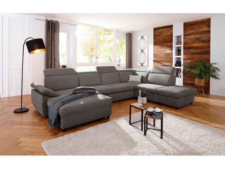 Wohnlandschaft, Luxus-Microfaser, Grau, 354×232 cm, Mit Kopf- & Armlehnenverstellung, Klassisch, Home-affaire