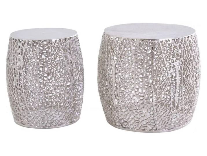 Lot de 2 tables basses METRIX argentées avec petit motif arrondi – Tables basses design en aluminium mat