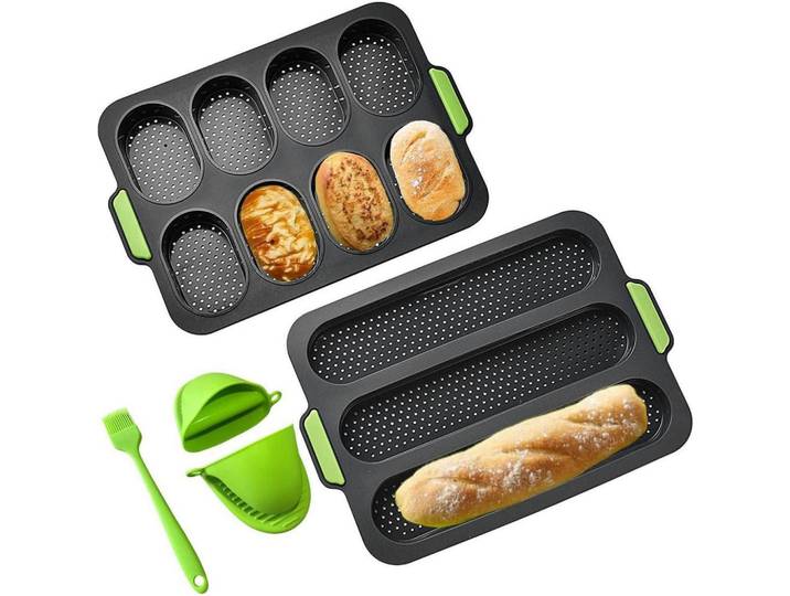 Backblech Baguette 2-teiliges Set mit Zubehör Grau, Mehrfarbig, Kunststoff, 24.5x2x35 cm, Backen & Backzubehör, Backformen, Kastenformen