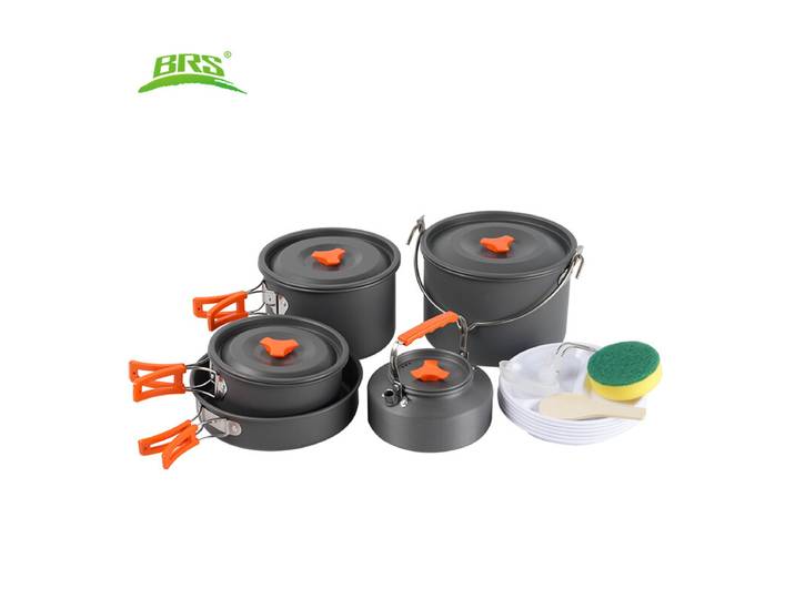 BRS Série 157 Set de cuisine de camping, Marmite suspendue 4,2 L, Grande marmite 2,9 L, Marmite moyenne 1,7 L, Poêle 1,3 L, Gourde 1,1 L
