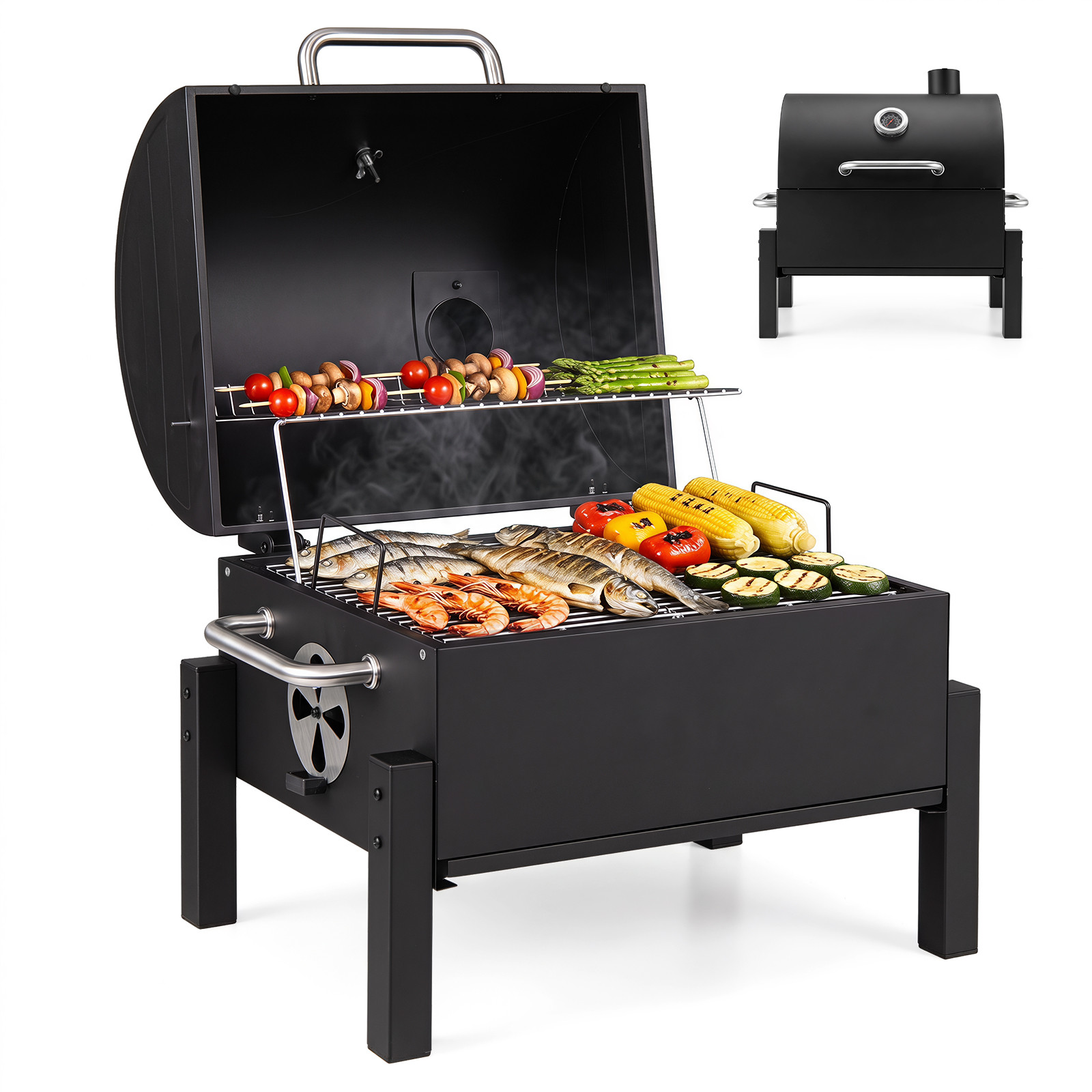 Costway Houtskoolbarbecue voor in de tuin, zwarte draagbare campingbarbecue