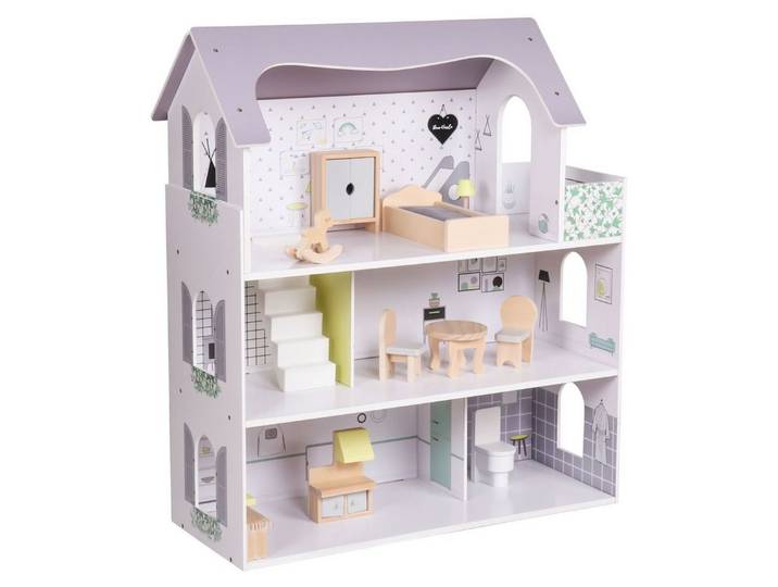 Coemo Puppenhaus ANNA, (möbliertes Puppenhaus Holz, 11-tlg), 3-stöckige Puppenstube aus Holz, komplett mit Möbel und Zubehör