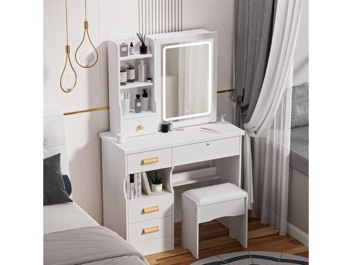 Coiffeuse avec miroir et 5 tiroirs organisateurs tabouret rembourré doux espace de rangement optimisé pour votre chambre