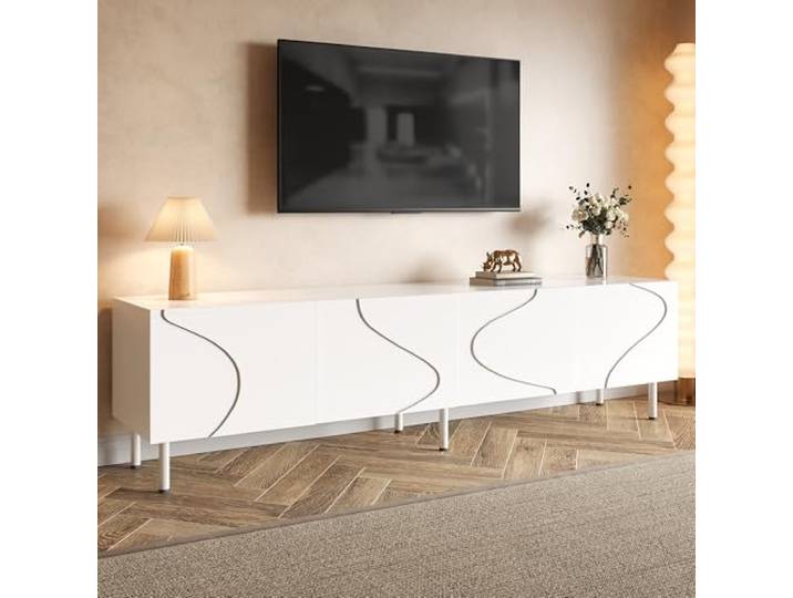 Merax TV-Schrank 170x35x50cm, mit 3D geschwungenen Linien, 4 Türen, Push-to-Open, PB/MDF & Metallzylinderfüßen – Weiß