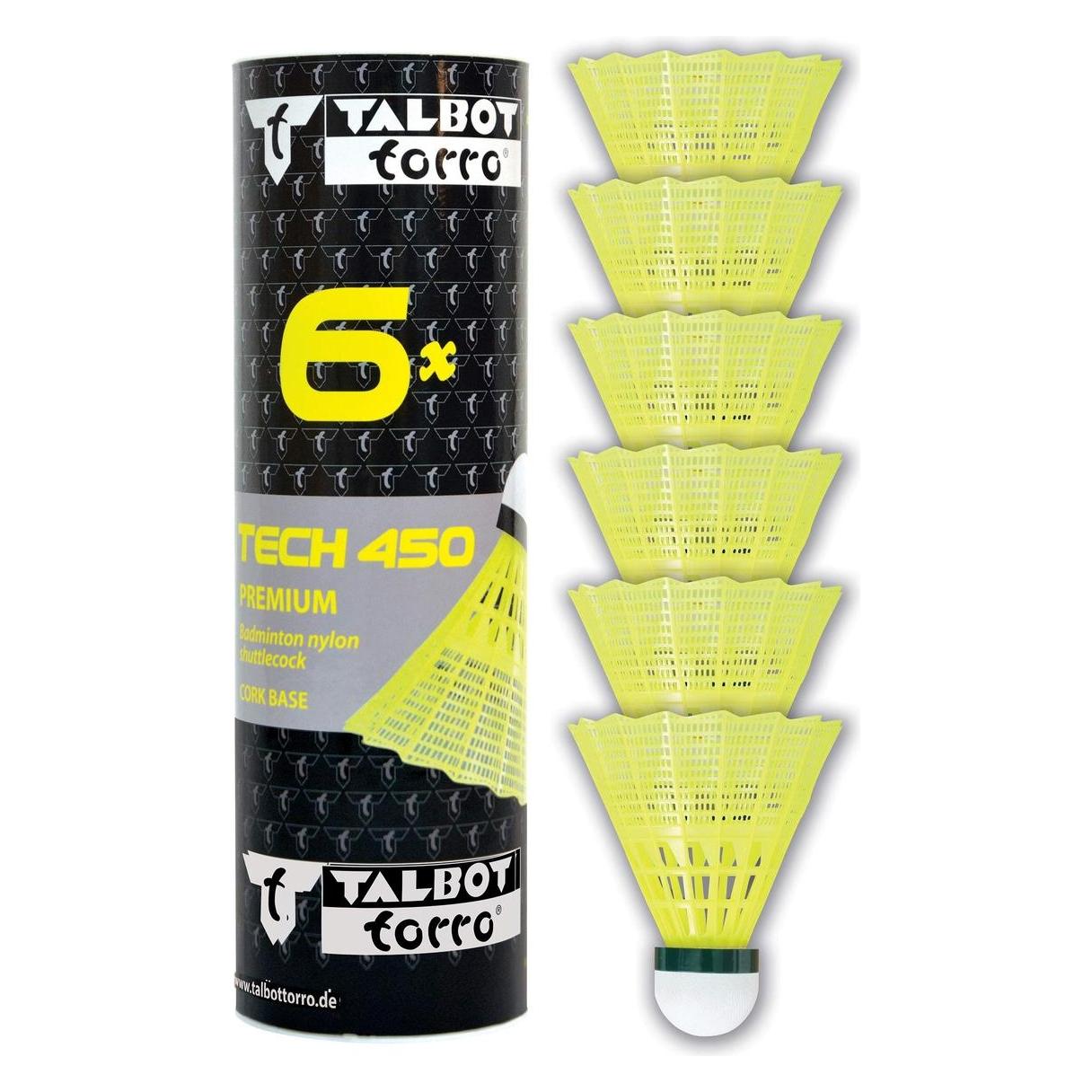 Talbot Torro Badmintonball Tech 450, langsam, gelb/grün Premium Nylonfederball, mit Korkkopf, für ambitioniert... (469283)
