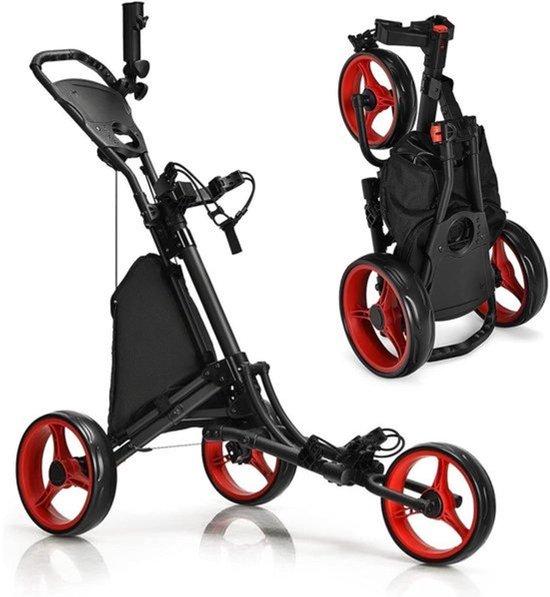 Golfwagen mit 3 Rädern - Verstelbares Handrad - Inklappbar - Paraplu- und Trinkbecherhalter - Schwarz/Rot