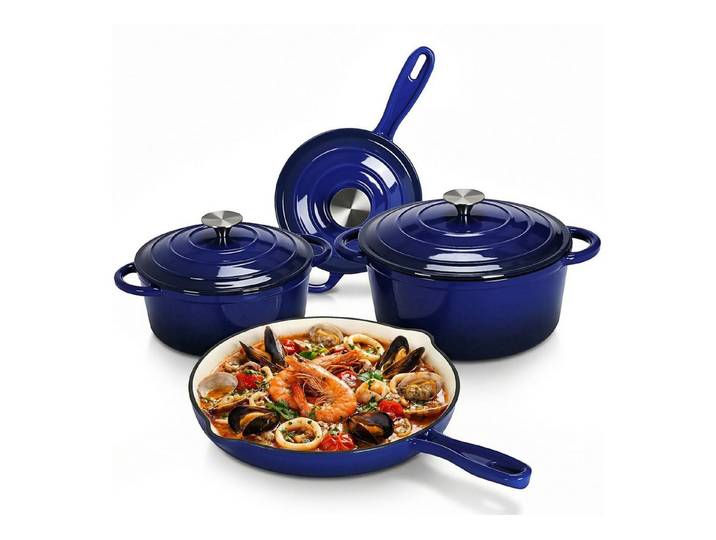 TLGREEN Topf-Set 4‑teiliges emailliertes Gusseisen Topf‑Set, (Ofenfest Kochgeschirr‑Set mit Emaille‑Beschichtung, Induktionsgeeignete Schmortöpfe für Gas‑,Elektro‑ und Glaskeramikherde), gleichmäßige Wärmeverteilung für Braten, Schmoren und Kochen