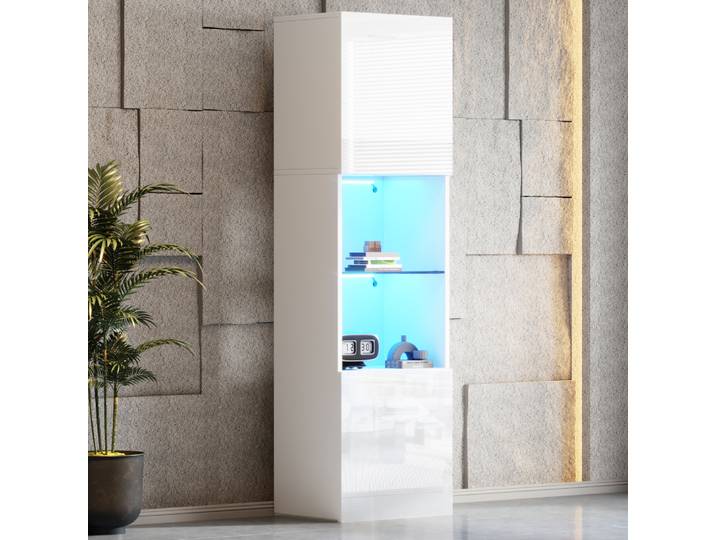 ​ ​ Vitrine blanche brillante de 160 cm – Éclairage LED bleu avec étagères en verre, vitrine autoportante pour la décoration du salon ​ ​
