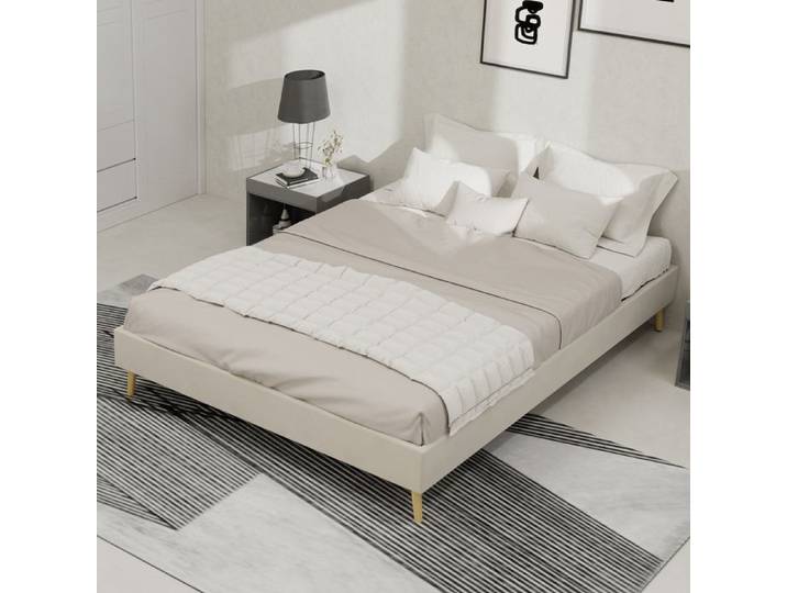Cadre de lit 140x200 cm beige velours rembourré style moderne mobilier de chambre à coucher