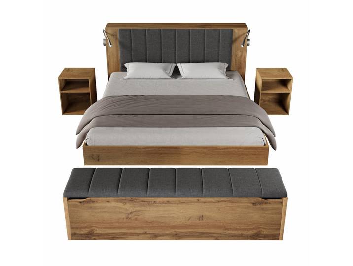 Stilvora Bett 160/200 cm in Eiche mit Nachttischen, Bettbank, USB und Leselampen Holz-Design, Eichefarben, 160x200 cm, Schlafzimmer, Betten