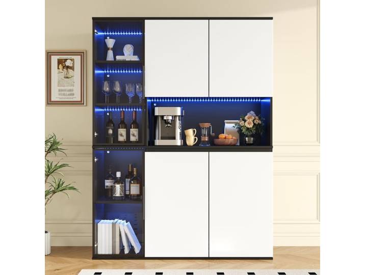 Buffet Haut avec LED Vitrine Meuble de Rangement avec Espace de Rangement Spacieux Porte Vitrée Buffet Salle a Manger 120x40x160cm