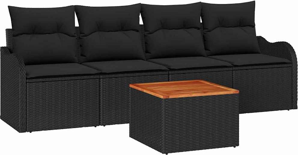 Modulares Gartensofa-Set, 5-teilig, für 4 Personen, Poly-Rattan & Akazienholz, UV-beständig, wetterfest, Schwarz, mit Kissen & Tisch