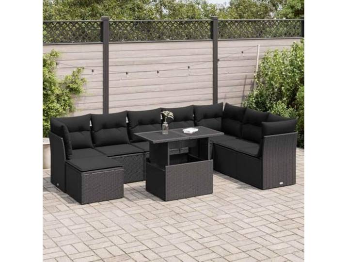 KTHLBRH Gartenmöbel-Set aus Polyrattan, 9-teilig, Schwarz Eckbank mit Hocker und Tisch, Sitze mit wasserdichtem Behälter, waschbare Kissen