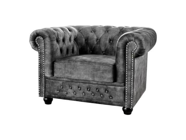 Sessel CHESTERFIELD - 110cm - grau - Samt Federkern-Polsterung Armlehnen Rundumbezug, Knopfheftung, Nietenbesatz, Ziersteppung, hoher Komfort, pflegeleicht, langlebig, Eyecatcher