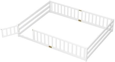 Costway Queen Size Floor Bed Kids Montessori Bed Frame with Full Length Safety Guardrails-White