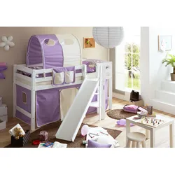 TiCAA Hochbett mit Rutsche Podestbett "Tino" Buche Weiß Classic, teilbar mit Farbauswahl