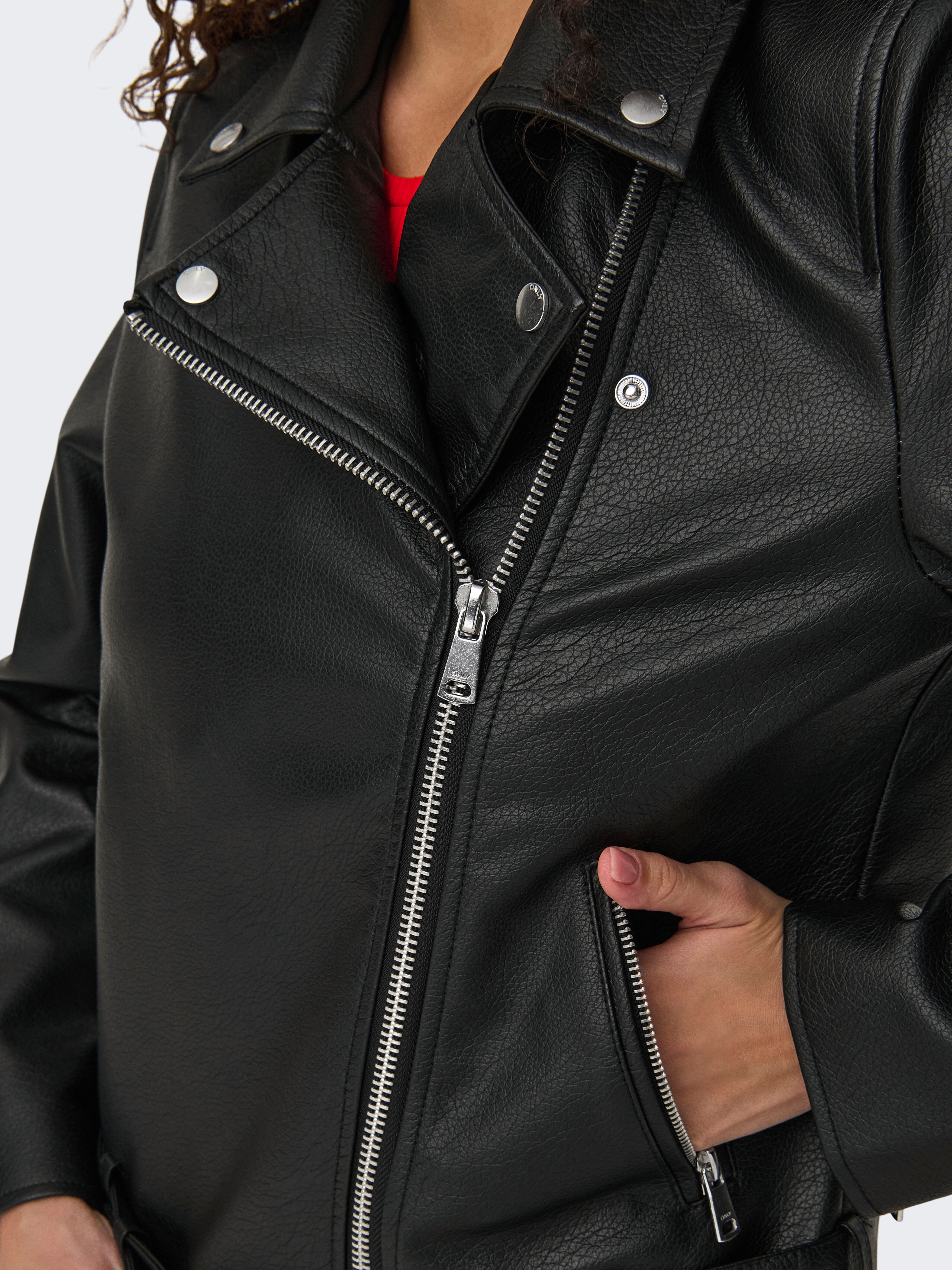 Lederimitatjacke ONLY "ONLMILLE FAUX LEATHER BIKER JACKET OTW", Damen, Gr. M, schwarz, Web, Obermaterial: 100% Polyester, unifarben, hüftlang, V-Ausschnitt, Jacken Lederimitatjacke