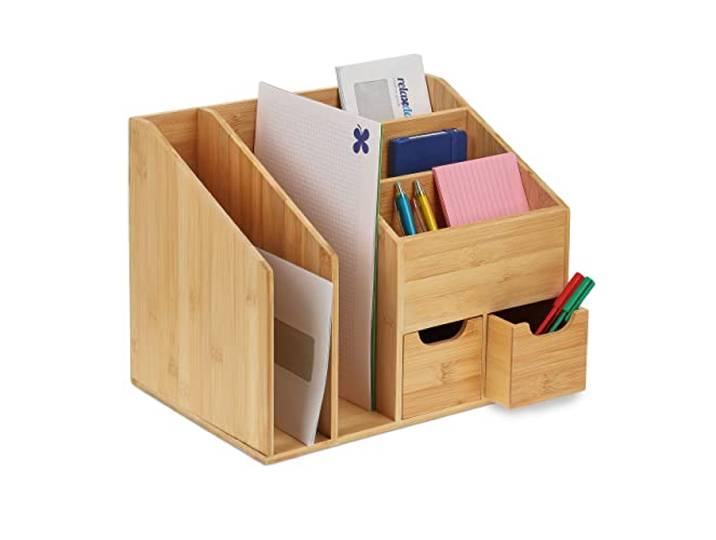 Relaxdays Schreibtisch-Organizer, 2 Schubladen, 5 Fächer, natur Brief- & Dokumentenablage, HBT 29 x 37 x 25 cm, Bambus