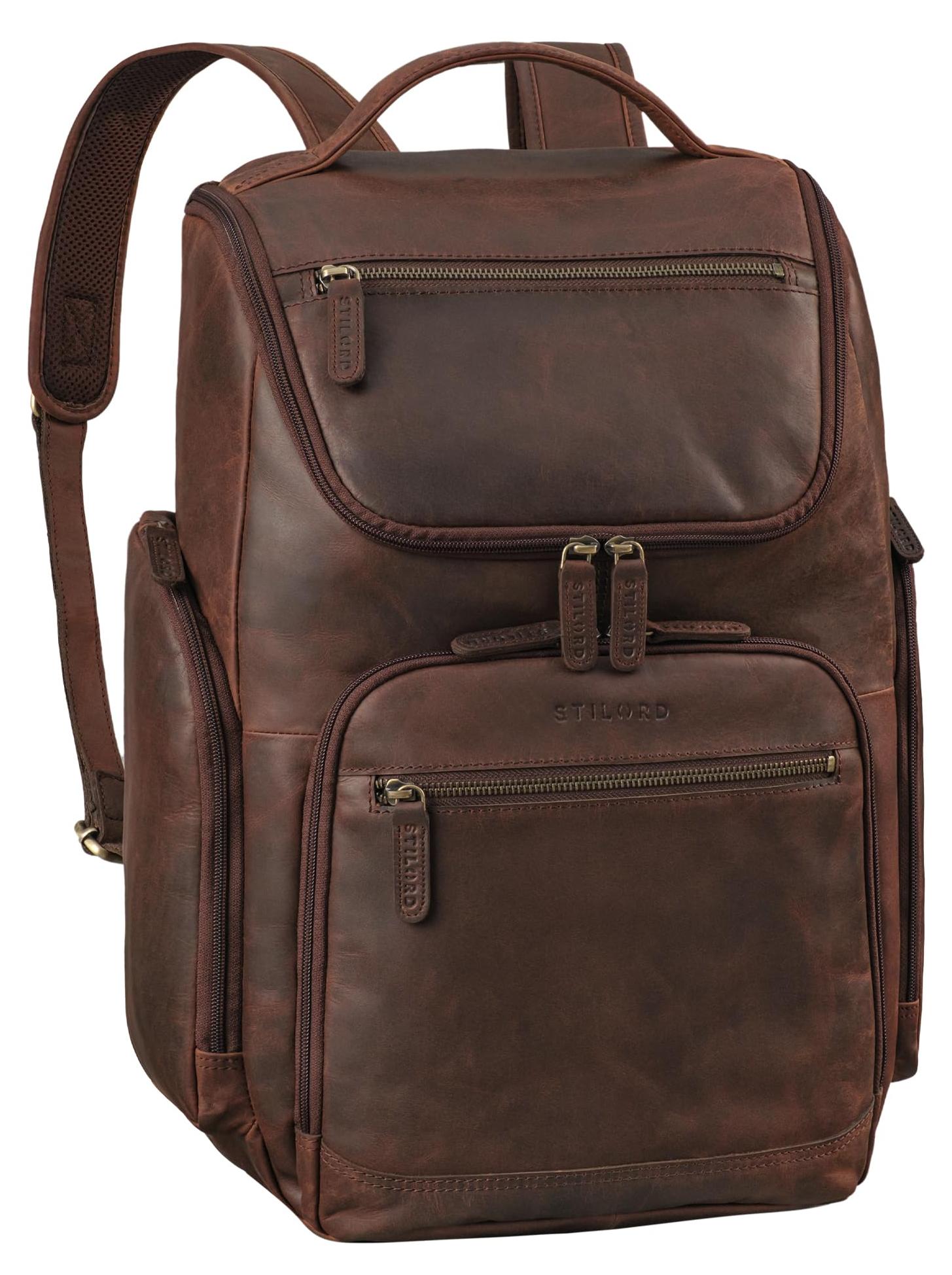 Lederrucksack Herren Laptoprucksack 15,6 bis 17,3 Zoll Braun Echtleder - Zwei gefütterte Laptopfächer - Trolleyhalterung - Antidiebstahlfach - 30 x 48 x 17 cm