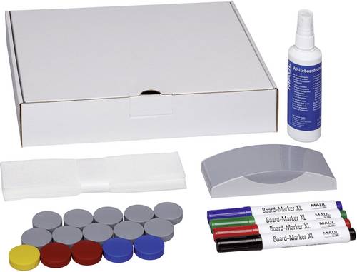 Maul Whiteboard Zubehör-Set Karton inkl. 4 Boardmarkern, Tafelwischer, Reiniger, 15 Magneten (rund 32 mm)