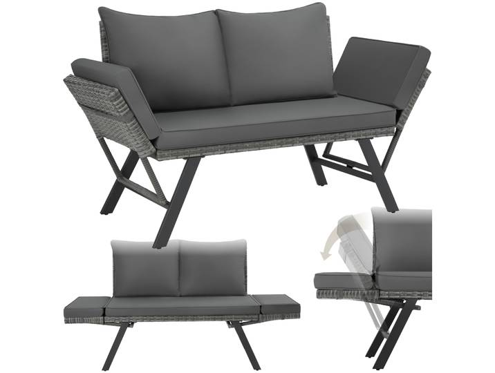 Rattan-Loungesofa Sintra, verstellbare Armlehnen, 2in1 - grau