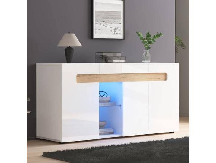 RAPRAP Weiß Hochglanz Sideboard mit LED, 3 Türen, 140x40x70 cm Sideboard Wohnzimmer mit App‑Lichtsteuerung, Glasboden, 45 kg Tragkraft, pflegeleicht – Kommode für Flur & Esszimmer