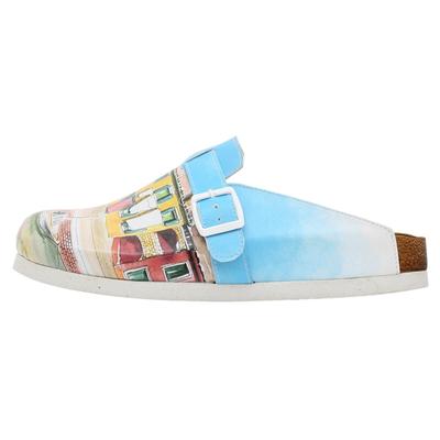 Hausschuh DOGO "Comfie Pantoletten Hausschuhe Burano Island Damen Sandalen", Damen, Gr. 40, Normalschaft, blau, Lederimitat, Schuhe Hausschuh, Handgefertigt