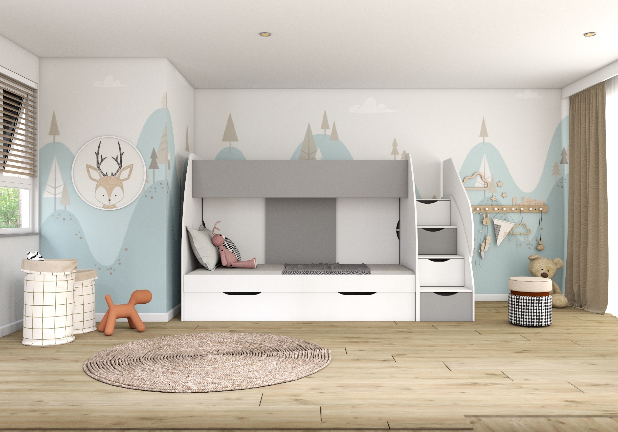 Hochbett Kinderbett Etagenbett Stockbett mit Fantasy Matratzen Martin (Weiß/Grau)