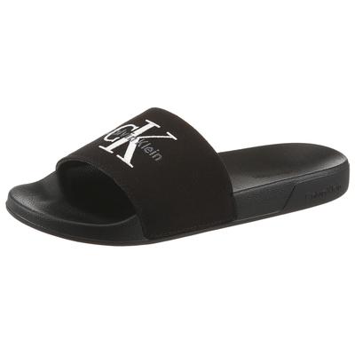 Pantolette CALVIN KLEIN "ESS SLIDE CV WN", Damen, Gr. 39, Textil, schwarz, Baumwolle, Textil, Basic, Schuhe Pantolette, Sommerschuh, Poolslides, Pantolette, Strandschuh mit Logoschriftzug