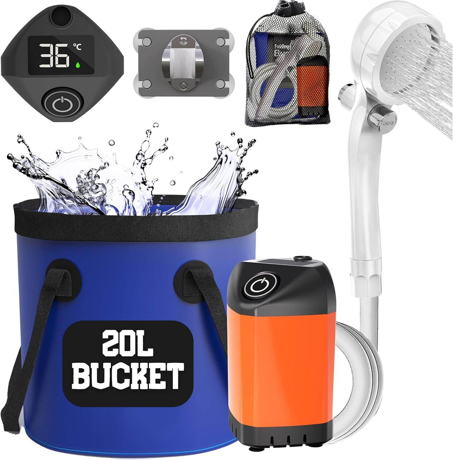 Selius Draagbare Camping Douche met Digitale Display en 20L Emmer