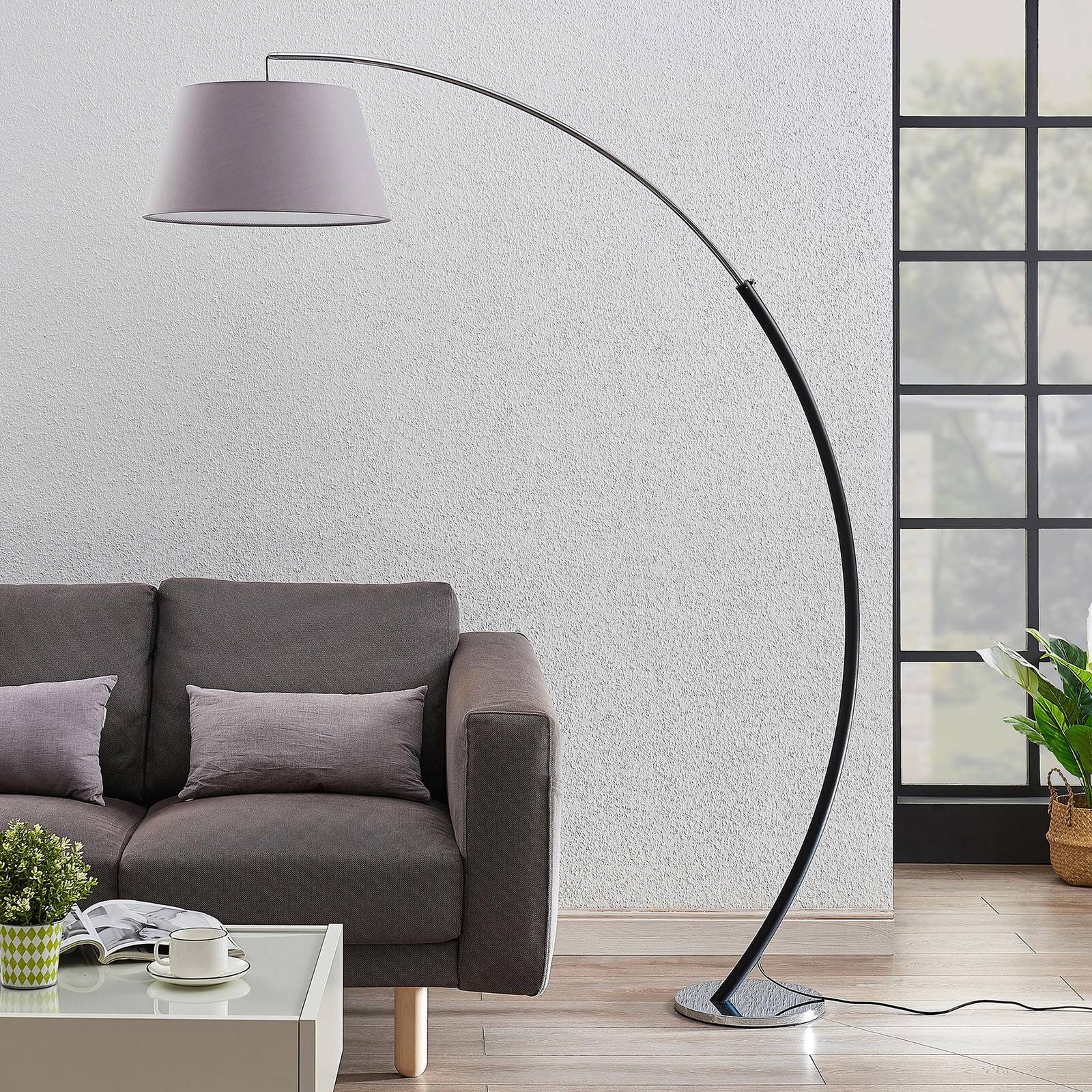 Arc Lamp Floor Evelyna Lucande, Alu / grey / zinc, Bedroom, Textile / fabric / silk, Modern, Floor Lamp