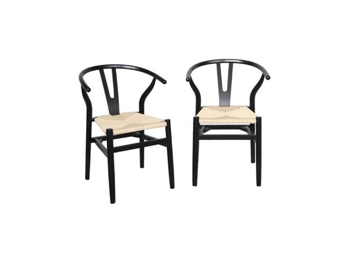 Lot de deux chaises vintage noires en bois d'hévéa avec assise en cordes et dossier arrondi
