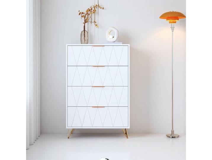 Commode - Blanche - 4 Tiroirs - Pieds Dorés - Style Moderne Minimaliste