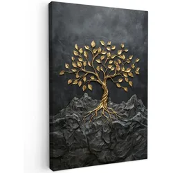 LEINWANDBILD Blätter - Gold - Baum - Fels Wanddeko Schlafzimmer 60x90 cm