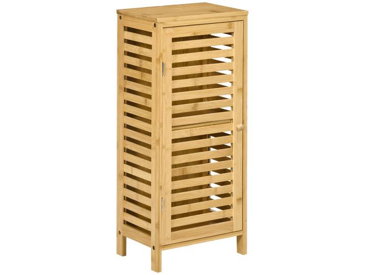 Kleankin Badschrank Badezimmerschrank, Bad Beistellschrank mit Lamellentür, 2 Fächern, Naturfarben, Holz, Echtholz,Bambus, 19.9x70x30 cm, Badezimmer, Badmöbel, Midischränke