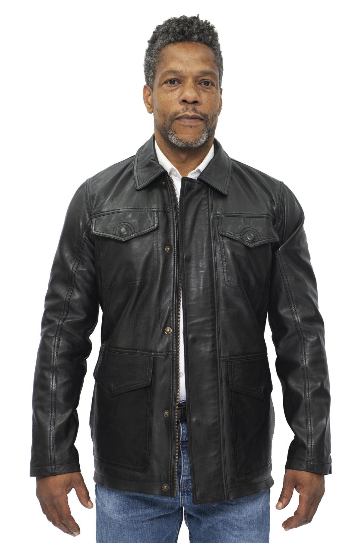 Herren-Safarijacke aus schwarzem Leder in Porto