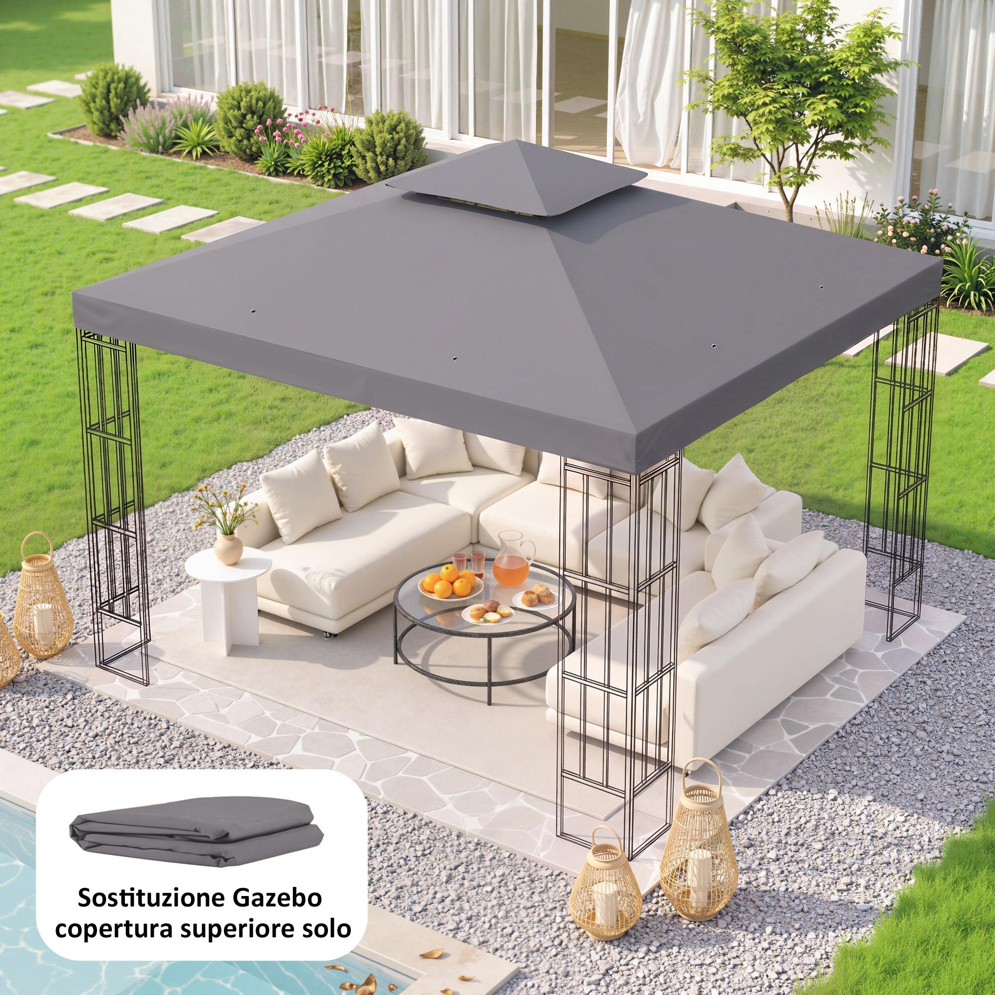 Outsunny Tetto di Ricambio per Gazebo 3x3m a 2 Livelli e Resistente ai Raggi UV, Grigio Scuro