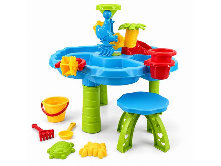Relaxdays Wasserspieltisch Mehrfarbig Kinder mit Hocker, Mehrfarbig, Kunststoff, 60x60 cm, Freizeit & Co, Outdoor-Spielzeug