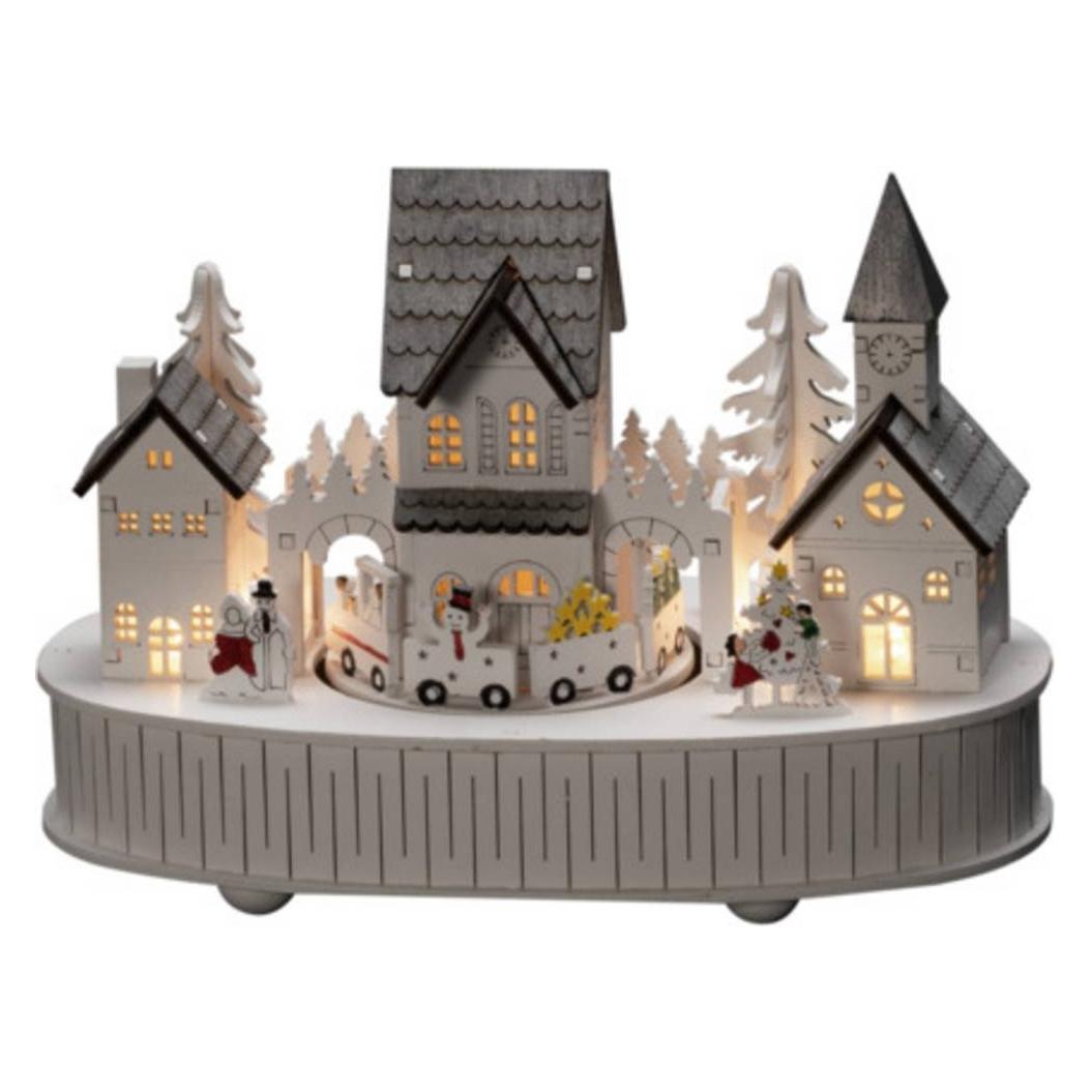 Konstsmide Gnosjö LED Holzsilhouette"Haus und Kirche", weiss, mit Spieluhr und 6h Timer, 5 warm weisse (3269-210)