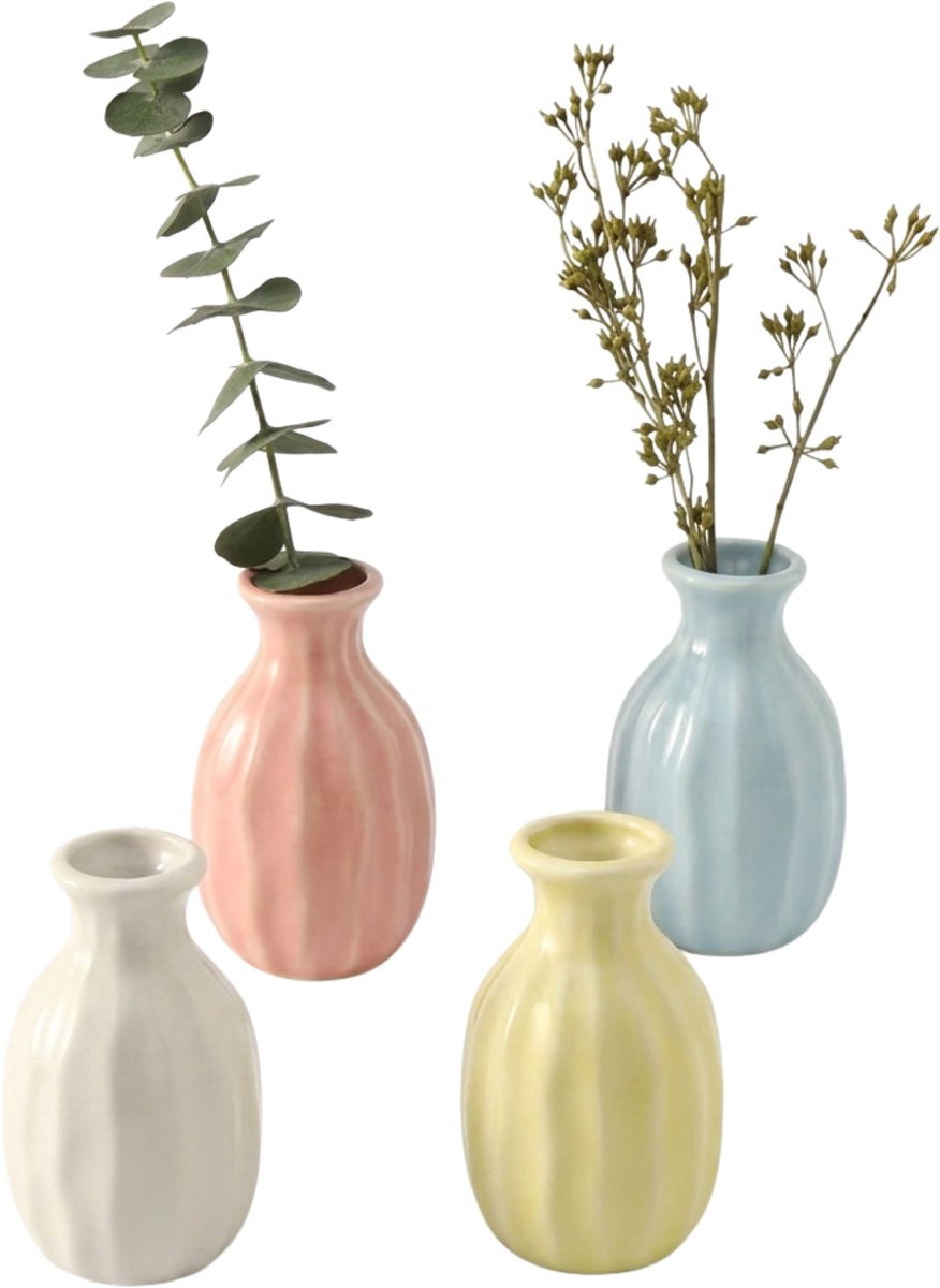 Stervia Mini Keramische Vazen Set van 4 - Pastelkleuren - 4,5 x 7,7 cm