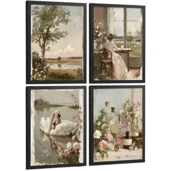 POSTER 4er Bilder-Set Wandbilder Rosen Ölmalerei modern Wohnzimmer Deko, Schlafzimmer, Küche, Badezimmer Schwarzer Rahmen A4