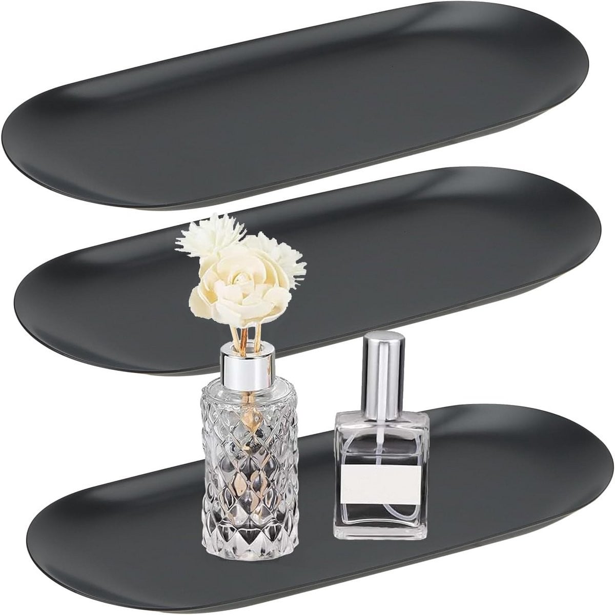 Set van 3 zwarte ovale dienbladen van RVS voor sieraden en decoratieve opslag